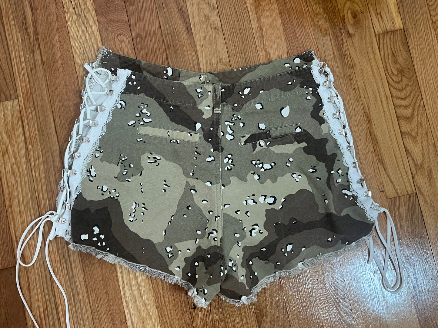 love and war reworked camo shorts