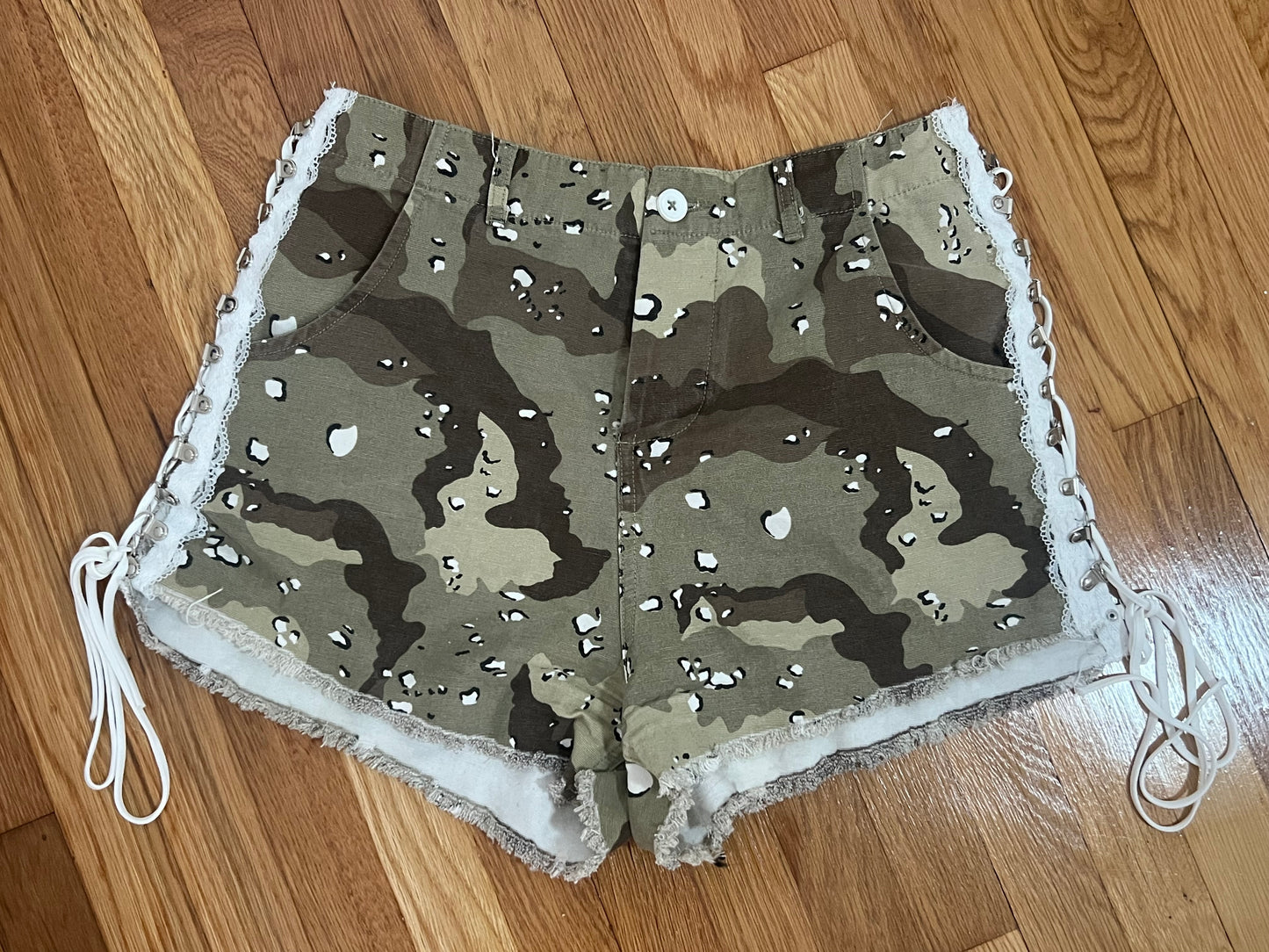 love and war reworked camo shorts